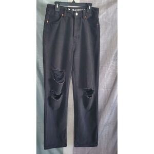 90s Boyfriend Jeans Blk Distressed Button Fly High Rise 41" L Grunge Indie Rock